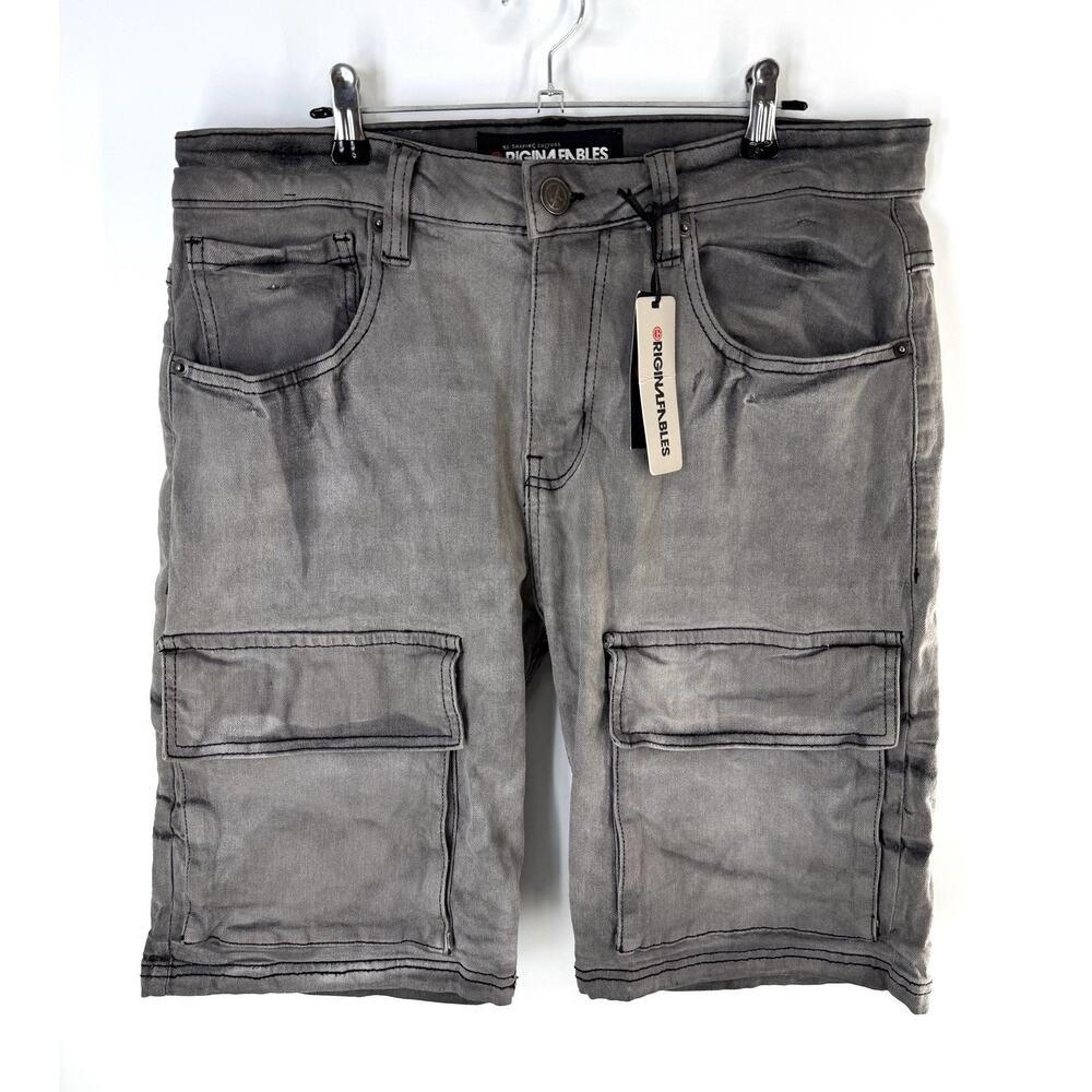 Original Fables Denim Shorts Cargo Pocket Gray Distressed Wash Size 36 Stretch